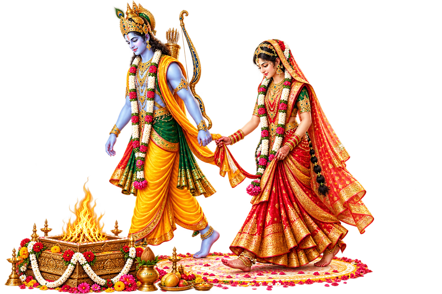 Lord Rama and Goddess Sita walking the seven sacred steps around the Homagundam
